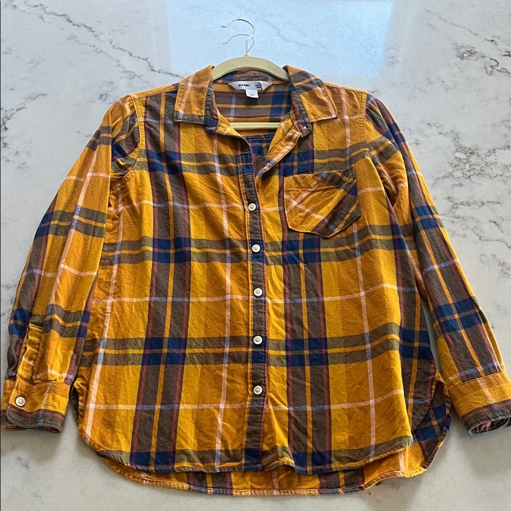 Old Navy Mustard and Navy Plaid Flannel Shirt